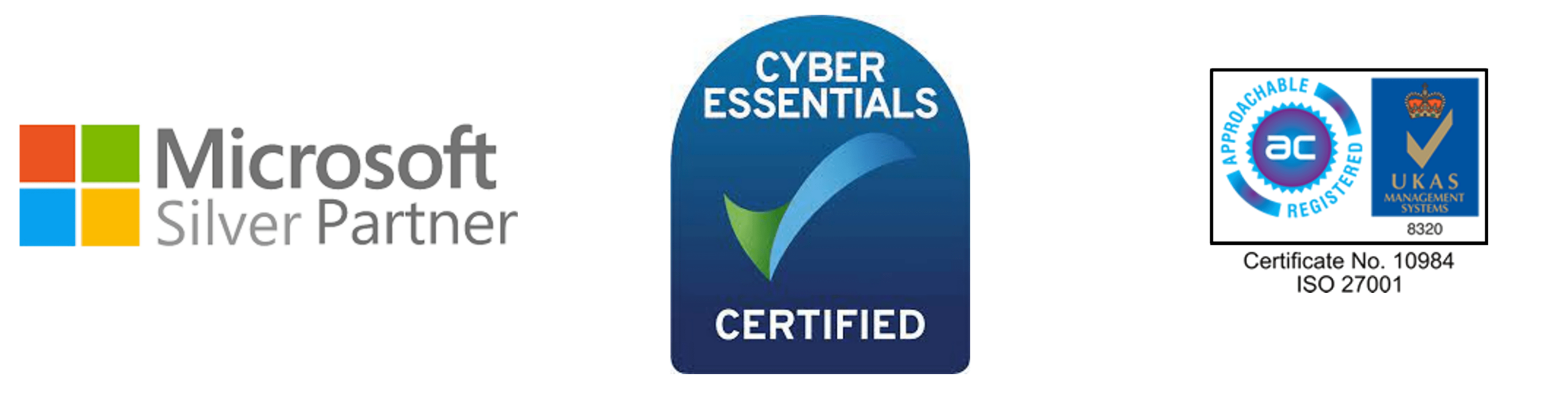 3 badges next to each other, one which says Microsoft Silver Partner, one which says cyber essentials certified, and one which says ISO 27001 certified and registered