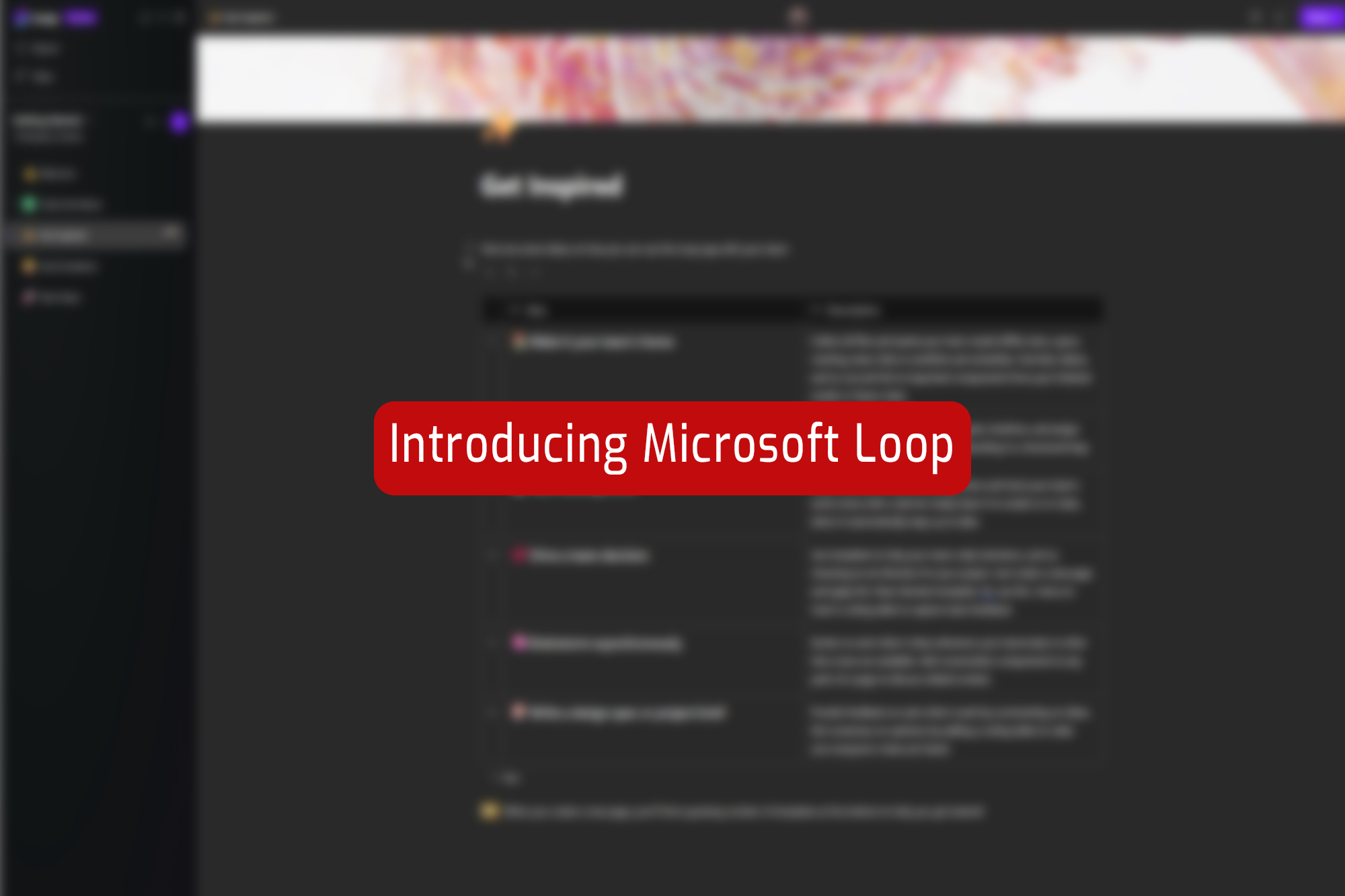 A Microsoft Loop workpage, blurred behind the caption "Introducing Microsoft Loop" in a red box with rounded corners.